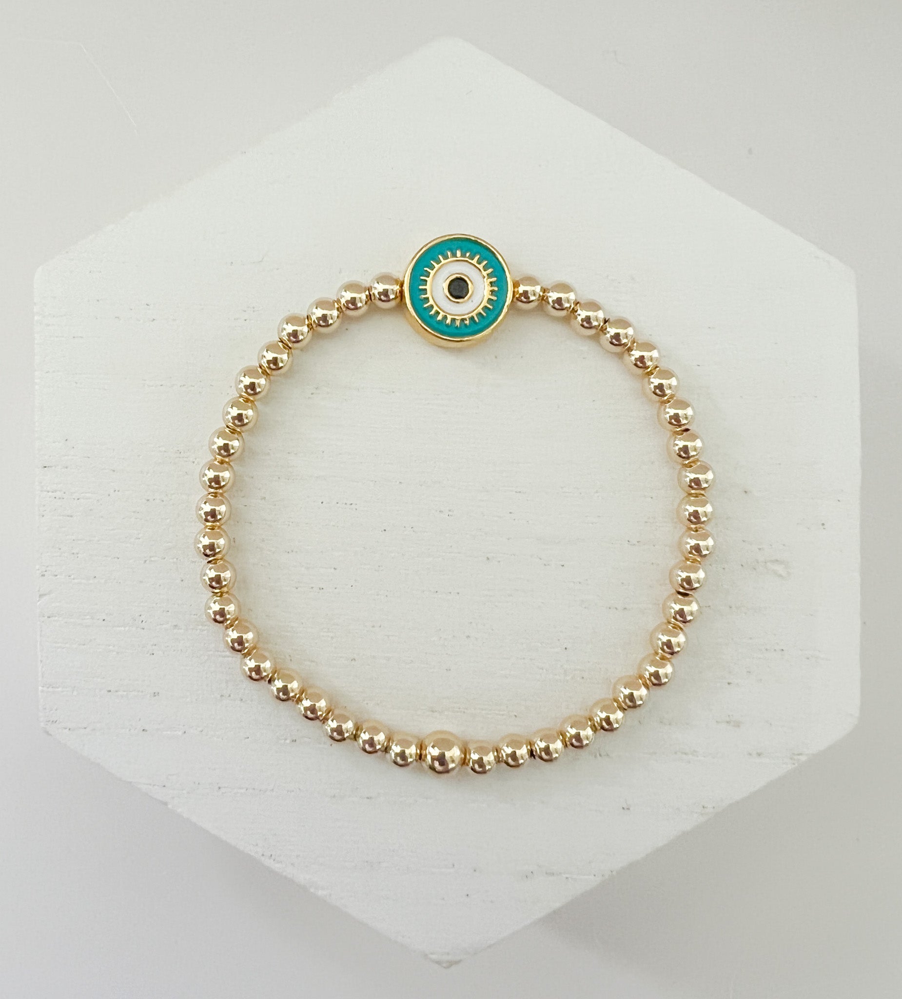 Gold bead enamel evil eye bracelet blue